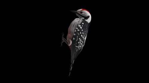 Woodpecker Bird - Black White - Seating on Tree and Knocking Loop - Side View CU - Alpha Channel