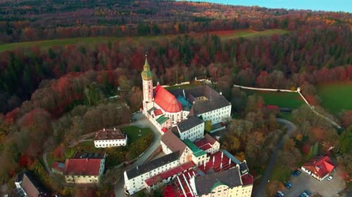 Aerial view of Andechs Abbey complex, Germany.