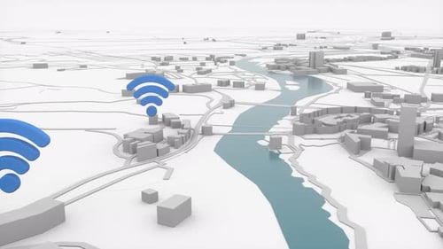 Modern city aerial view and communication network concept. Smart city. Wireless 5G technology. IoT