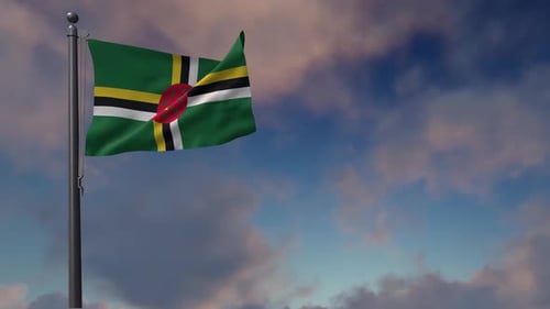 Dominica Flag Waving in Realistic Cloudy Sky