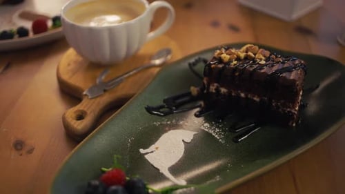 Delicious Chocolate Cake with Coffee Close Up