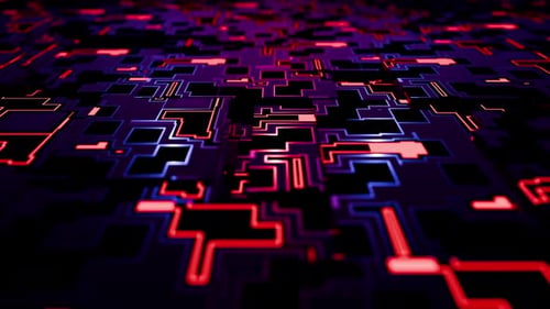 Abstract Digital Circuit Board with Glowing Red and Blue Lines