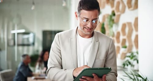 Office, businessman and smile with tablet for information, meeting agenda and update for investment