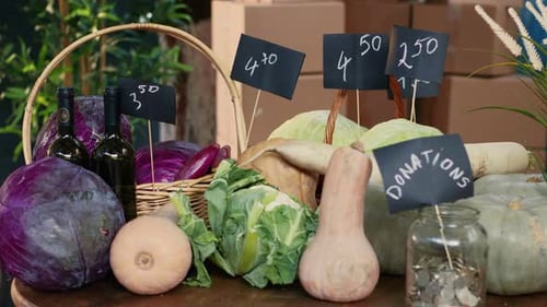 Vegetables and Wine for Sale at a Market