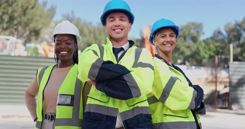 Team, face and arms crossed, construction and people outdoor, building site