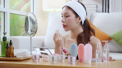 Young Adult Applying Lip Gloss at Home