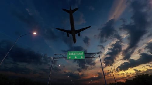 Istanbul City Road Sign - Airplane Arriving To Istanbul Airport Travelling To Turkey