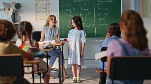 Woman Asking Schoolgirl Lesson Teaching Elementary School Class Little Pupil