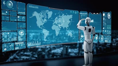 Hominoid AI Robot Looking at Hologram Screen Showing Concept of Big Data