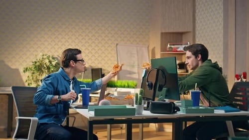 Hungry Startupers Taking Pizza Slices Work Place Two Men Sharing Lunch at Break