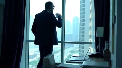 Businessman Coffee Break Admiring City View