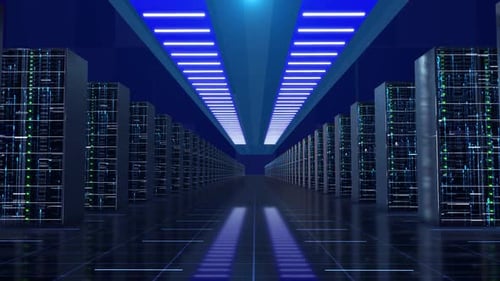 Futuristic Server Room Flythrough with Digital Data Flow