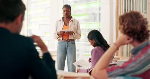 Presentation, student and girl in classroom, university and preparing for exam with info