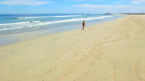Drone footage of of a beautiful woman in a bikini enjoying a day at the beach