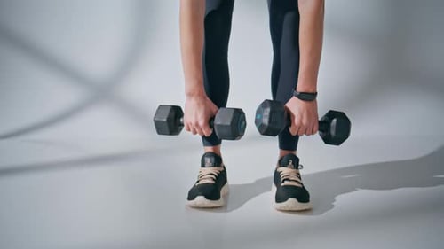 Trainer Body Doing Dumbbells Workout Gym Closeup Strong Athletic Lady Training