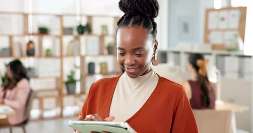 Tablet, happy and businesswoman in office with research for creative project with publishing