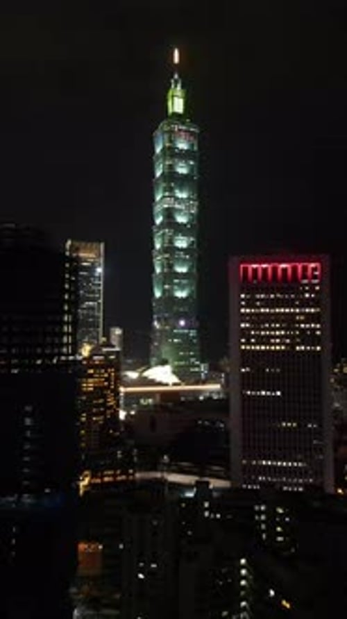 Aerial video of a business district in Taipei City, Taiwan at night