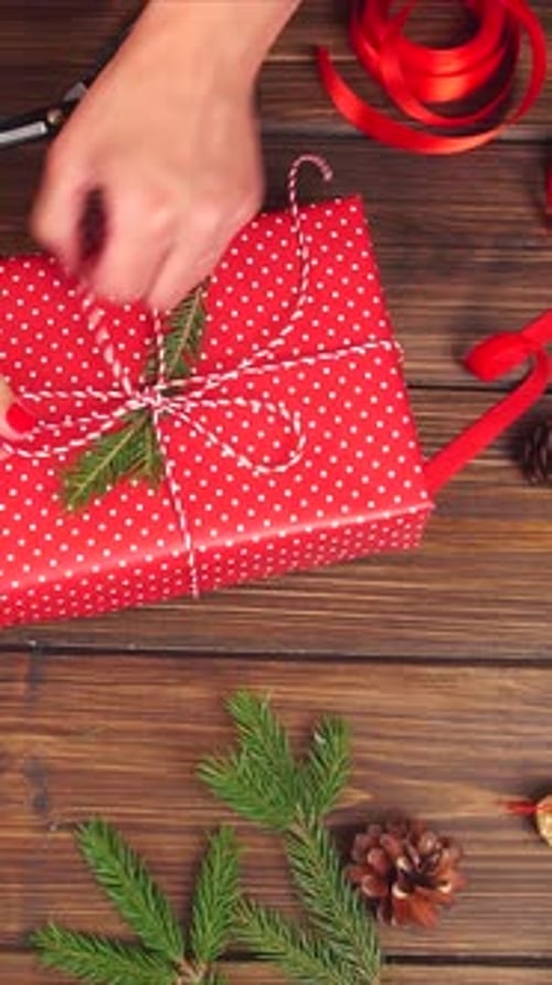 Vertical Video of Hands Wrapping Red Polka Dot Gift on Wooden Table with Ribbon Twine Pine Sprigs
