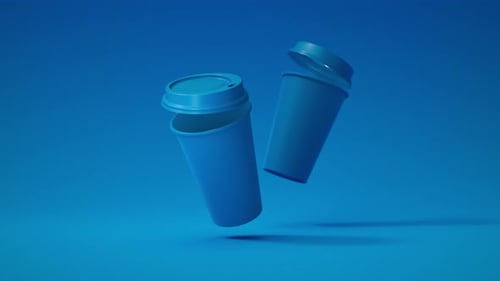 Two Minimalist Blue Blank Paper Coffee Cup Floating Above Blue Background Takeaway Paper Coffee Cups