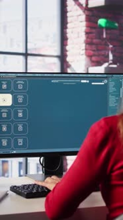 Vertical Video Technician Employs AI Chatbot on Pc Monitor and Executing Programming Code