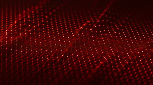 Digitale rote Maschenwellen mit Punkten und Links, KI-Technologie, Netzwerk, Oberfläche, abstrakte Technologie, groß