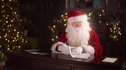 Merry Christmas Fairytale Santa Claus Sorting Postal Cards and Letters at Home Mail Office of Santa