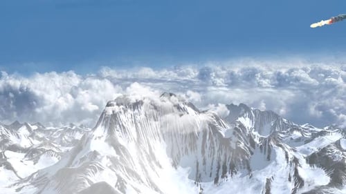 Meteors asteroids or rockets flying over Snowy mountains alps