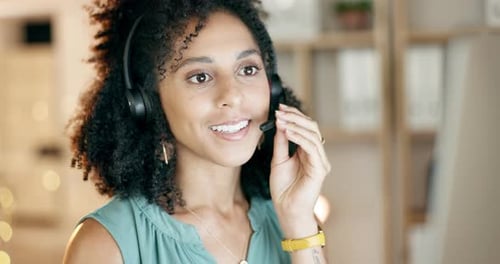 Face, crm or woman in call center for a telecom communications company in help desk at night