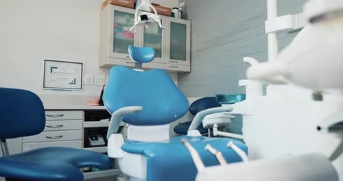 Empty, furniture and dental room in clinic with dentistry equipment, appointment