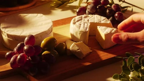 Hand picking up a slice of camembert cheese from a rustic wooden board with whole camembert red