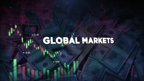 Palabras de los mercados globales sobre el contexto económico con gráfico de barras decrecientes y flecha