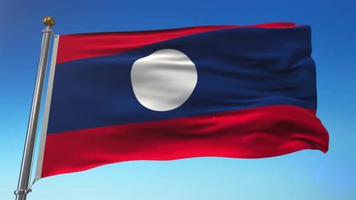 Realistic Laos Flag Waving in Wind Against Blue Sky