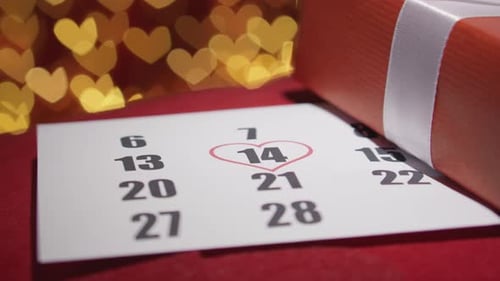 Valentine's Day Calendar and Wrapped Gift Close Up