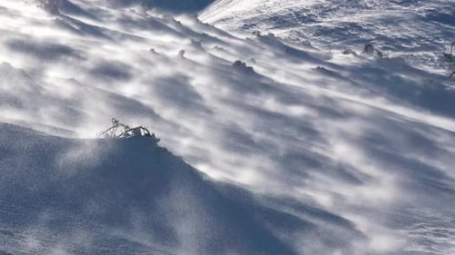 Strong Wind Blowing Snow in Winter Alps Mountains in Windy Nature