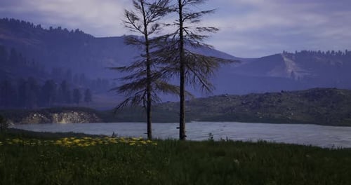 Scenic Lake Landscape with Trees and Mountains During Twilight Hours