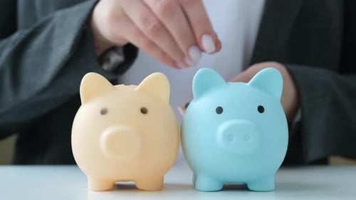 Businesswoman Throws Coins Into Two Piggy Banks in Turn Investments Diversity