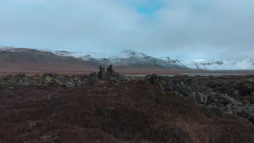 Over a solidified field of lava rocks - moss and lichen on the rugged Icelandic terrain