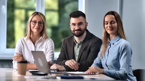 Business Team Meeting Smiling Man Woman Colleagues Brainstorming Posing Together at Office Desk