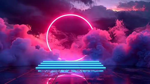 Neon Circle-Bühne in einer wolkenreichen Umgebung