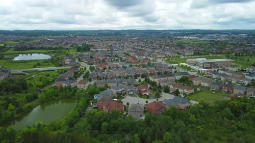 Aerial view of suburban neighborhood, flying right and slowly panning