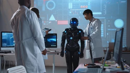 Wissenschaftler arbeiten in einem Labor zusammen, um einen fortschrittlichen Roboter zu entwickeln