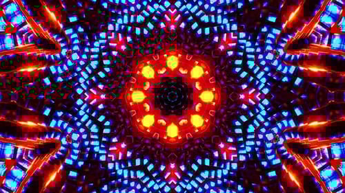 Voler à travers un tunnel de cubes métalliques bleus et oranges. Boucle Kaléidoscope VJ.