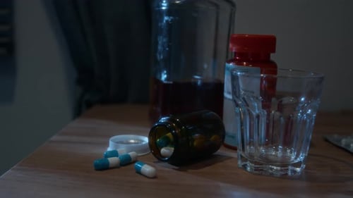 Medication Bottle with Pills Spilling Out on Nightstand