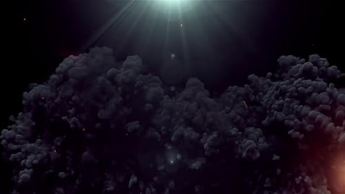 Dramatic light rays pierce dark smoky clouds with glowing particles