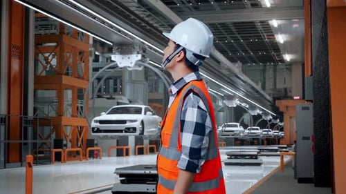 Vue latérale d'un ingénieur asiatique regardant autour de lui dans une usine de voitures électriques