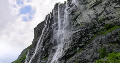 Geiranger fjord, waterfall Seven Sisters. Beautiful Nature Norway natural landscape.