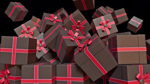 Animated Falling Gift Boxes with Red Ribbons Background