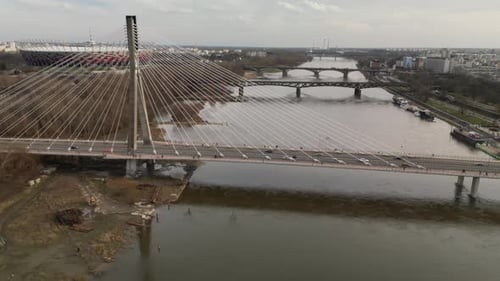 Aerial video of the Warsaw Stadium from around the Swietokrzyski Bridge,