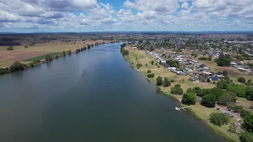 Clarence River On Sunny Day In Summer In Grafton, New South Wales, Australia. aerial pullback shot