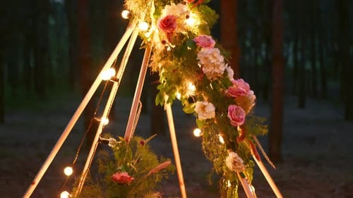 Romantic Wedding Decoration in the Forest at Night